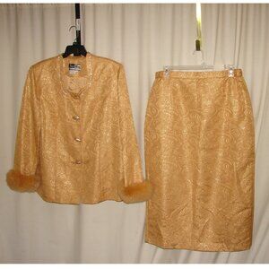 Ben Marc Women's Gold Chuch Suit: Skirt & Jacket, Fur Cuffs, Sz 18, Rhinestones
